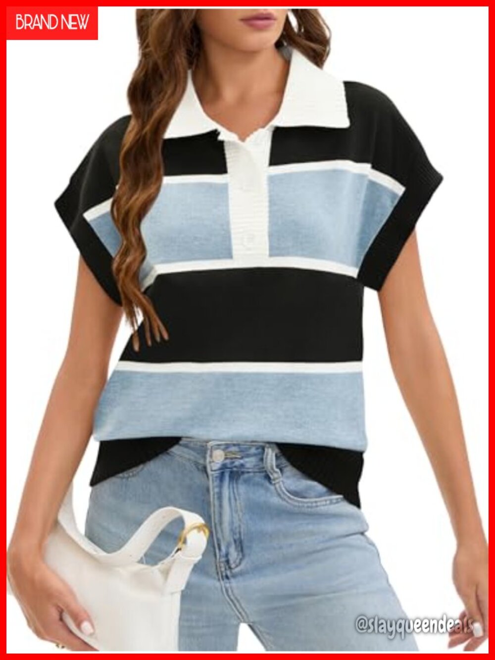 Striped Short Sleeve Button Down Polo Pullover Sweater Vest